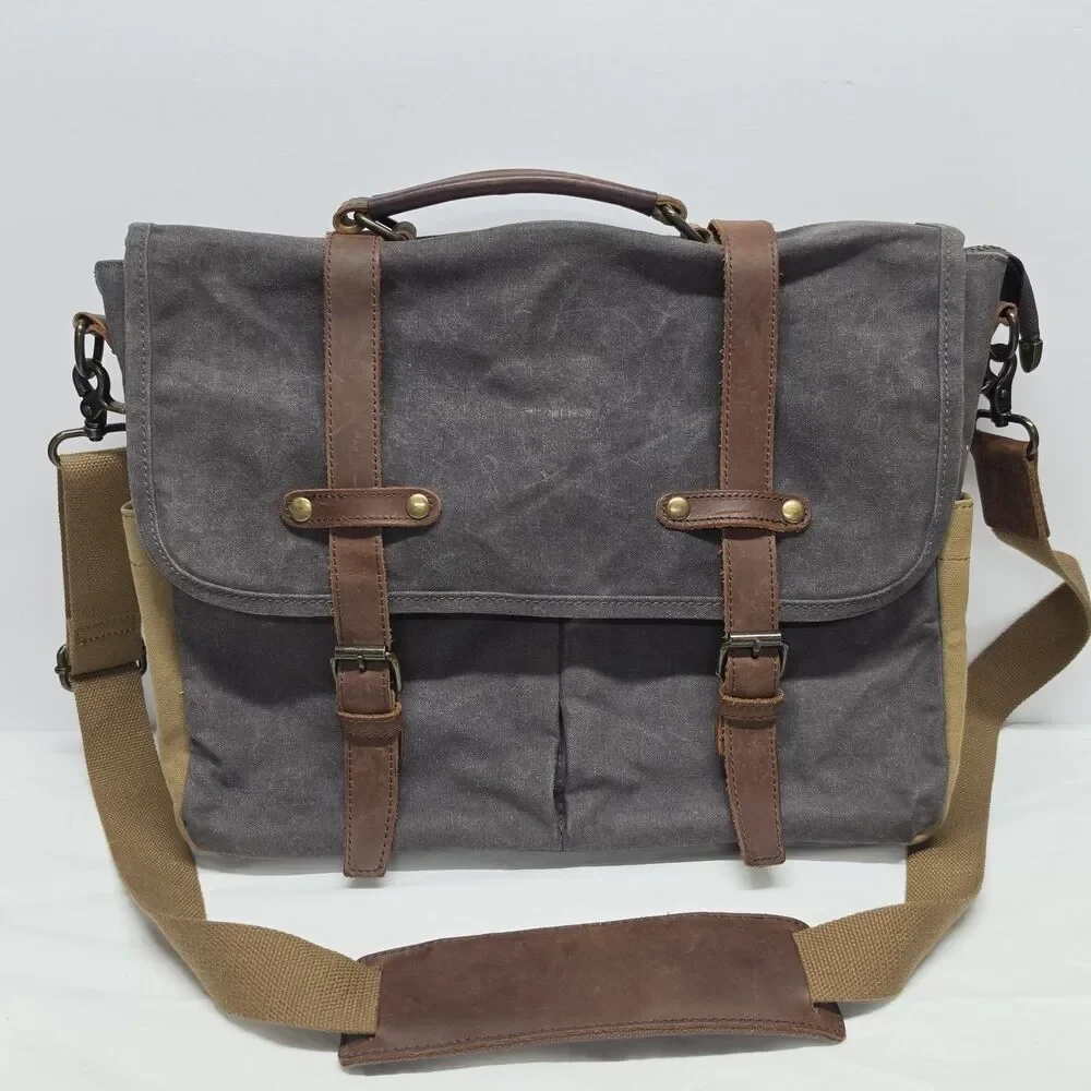 Newhey Waxed Canvas & Leather Messenger Bag Laptop Briefcase Gray Brown
